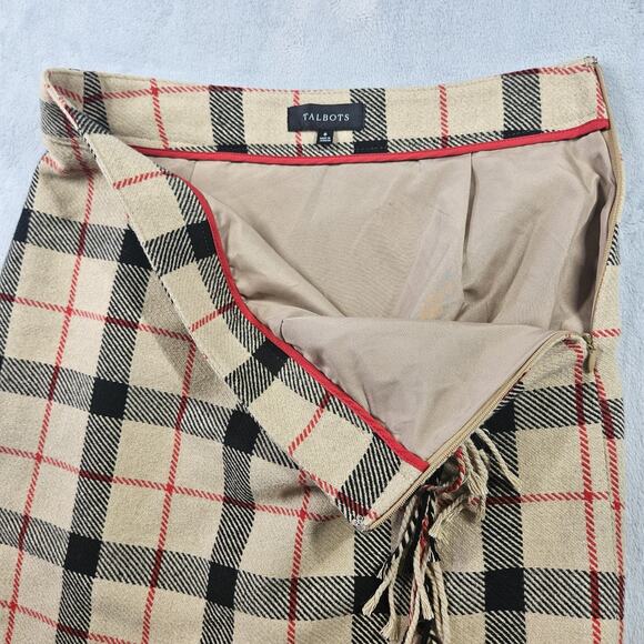 Talbots Skirt Womens 6 Fringe Faux Wrap Outdoor Plaid Preppy Office Fall Brown - Picture 3 of 9